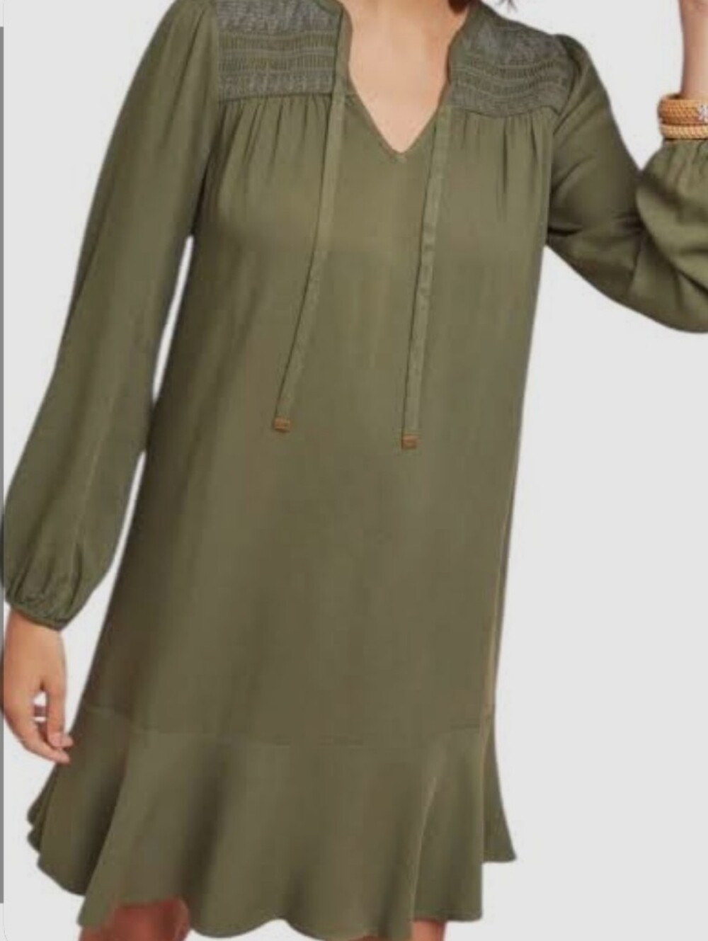 Anthropologie Maeve Olive Long Sleeve Smocked Yoke Tie Dress